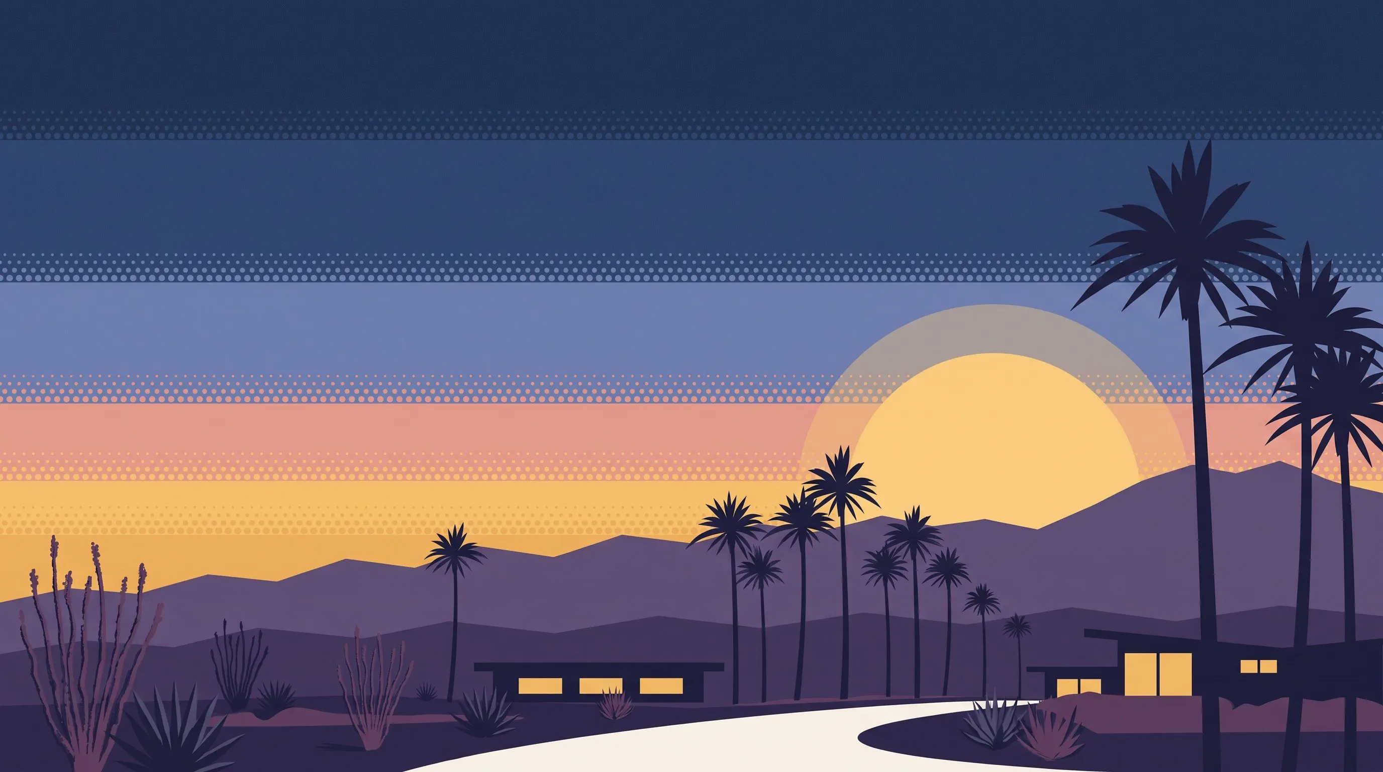 A palm-lined Palm Springs street leading to the San Jacinto mountains at golden hour, with lit mid-century homes
