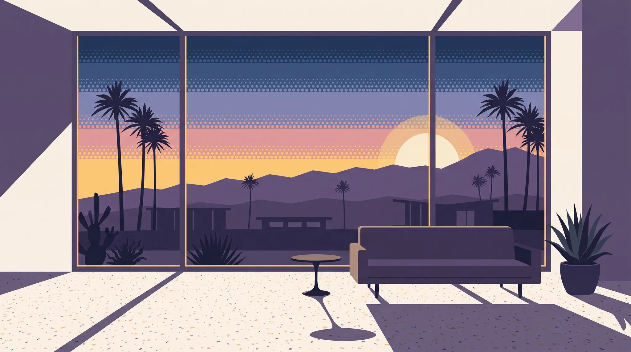 A calm mid-century reception room at golden hour, with palms and mountains through tall windows