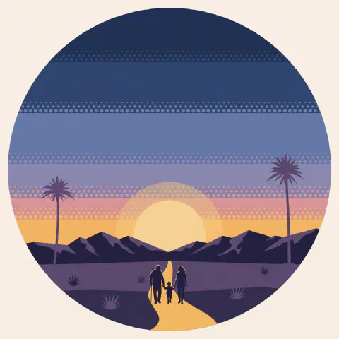 Three generations walking toward the setting sun